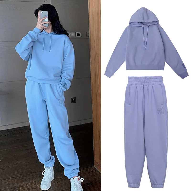 New Autumn Winter Women Sweatshirts Foaming Letters Hooded Long Sleeve Pullover Tops All-match Elastic Waist Casual Sweat Pants