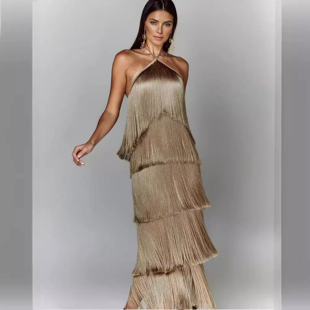 

Элегантное приталенное платье без рукавов с открытой спиной и шнуровкой, модное женское вечернее платье, Эротическое длинное платье металлического цвета с кисточками и лямкой на шее