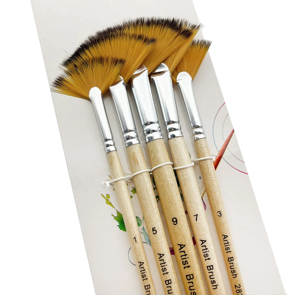 5pcs Artist Fan Paint Brushes Set- Soft Anti-Shedding Nylon Hair Wood Handle Paint Brush Set for Acrylic Watercolor Oil 3