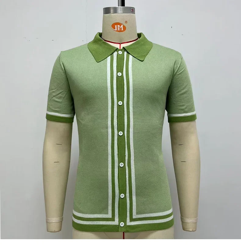 Summer Men's Knitted Jacquard Polo Shirt Fashion Vintage Striped Short Sleeve Lapel T-shirt Man Streetwear Business Casual Tops 46 Sfe6ef9e2e6294cb0bbf3c85e162f904f2