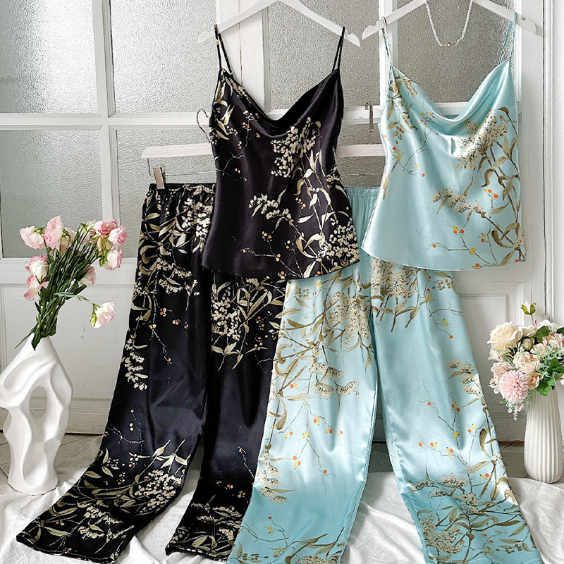 1Set New Imitation silk vest pajamas pants set fashionable printed backless pajamas summer casual camisoles home wear