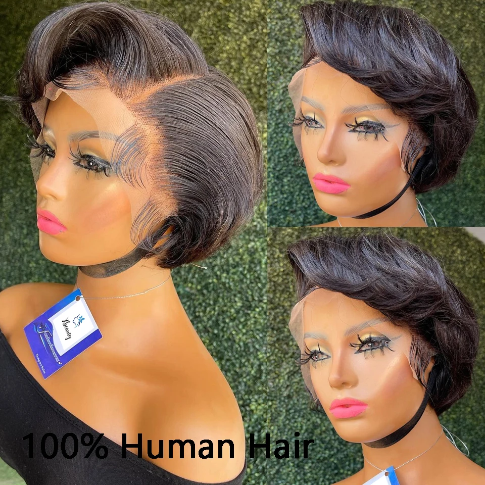 Bob pixie curto corte peruca do laço frontal em linha reta transparente frente do laço perucas de cabelo humano para preto