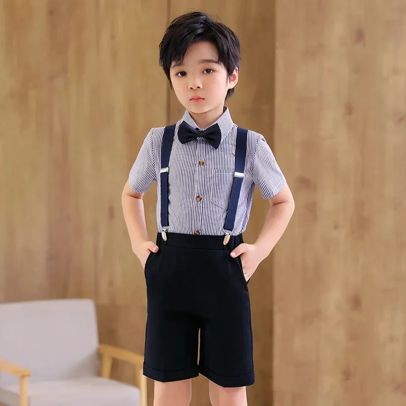 

Boy Striped Blouse Formal Suit For Summer 2023 New Academic Style Short Sleeve Top & Straps Teenager Performance Costume 90-170