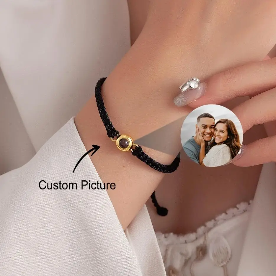 Adjustable Braided Rope Projection Bracelet Black Rope Photo Bracelet Personalized Stainless Steel Picture Bracelet