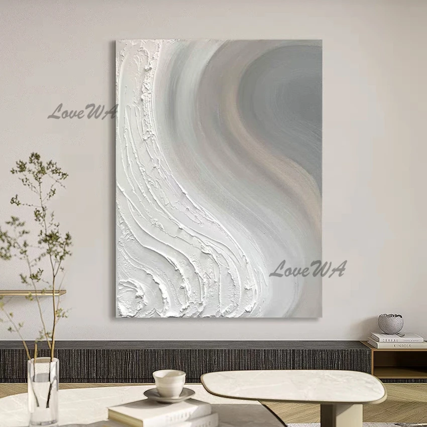 thumbnail image 1 of Pintura al óleo pintada a mano con líneas abstractas blancas y gruesas, decoración de pared moderna, diseño gris, pinturas acrílicas, lienzo artístico para pared, 1 of 5