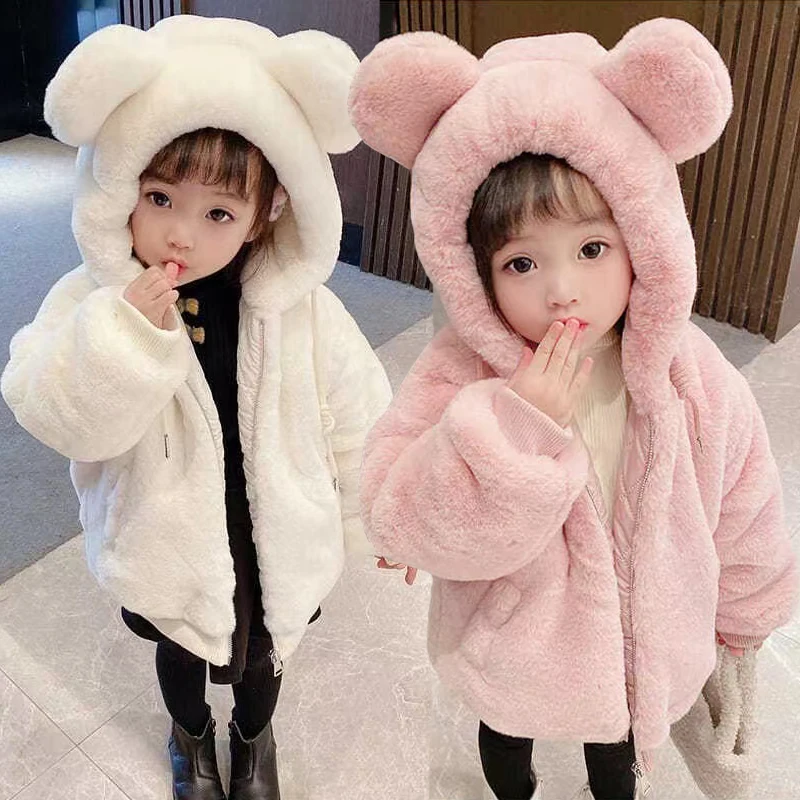 Toddler Girl's Warm Plush Hooded Coat with Bear Ears 1