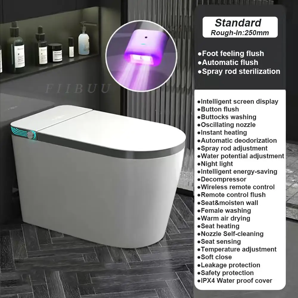 Elongated Smart Toilet Built-in Bidet Water Tank No Water Pressure Limit Multifunctional LED Display Screen Foot Sensing Toilet
