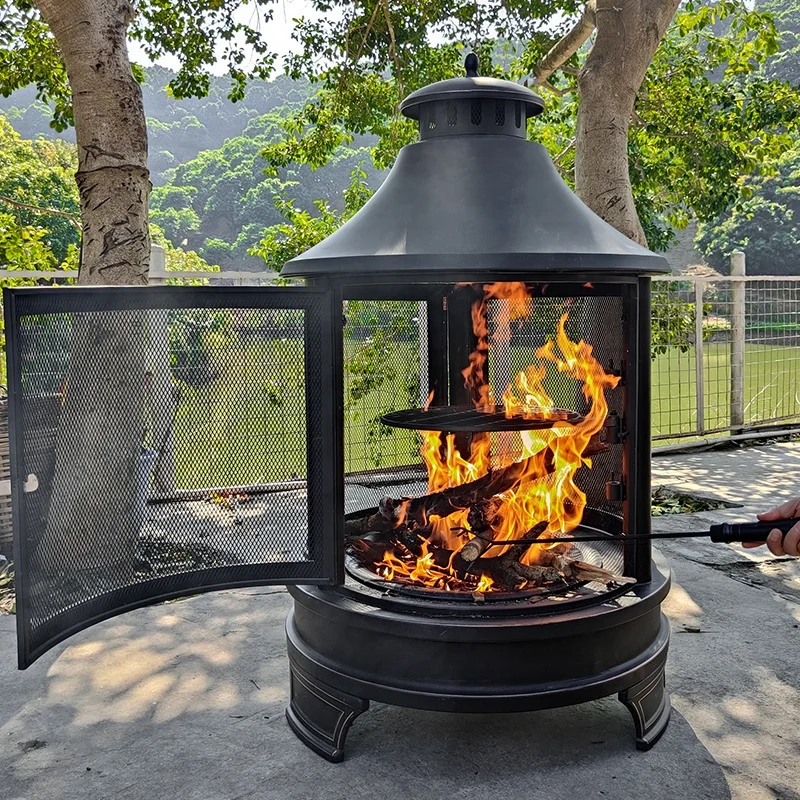 Outdoor 50'' Garden Backyard Charcoal Wood Burning Metal BBQ Fire Pit With Cast Iron Cooking Grill 4
