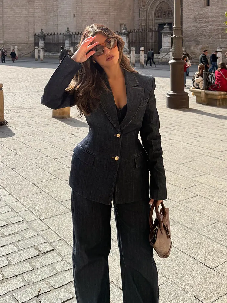 HH Women Denim Blazer Coat Single Breasted Long Sleeve Lapel Suit Jacket With Pockets Female 2025 Spring New Fashion Outwear