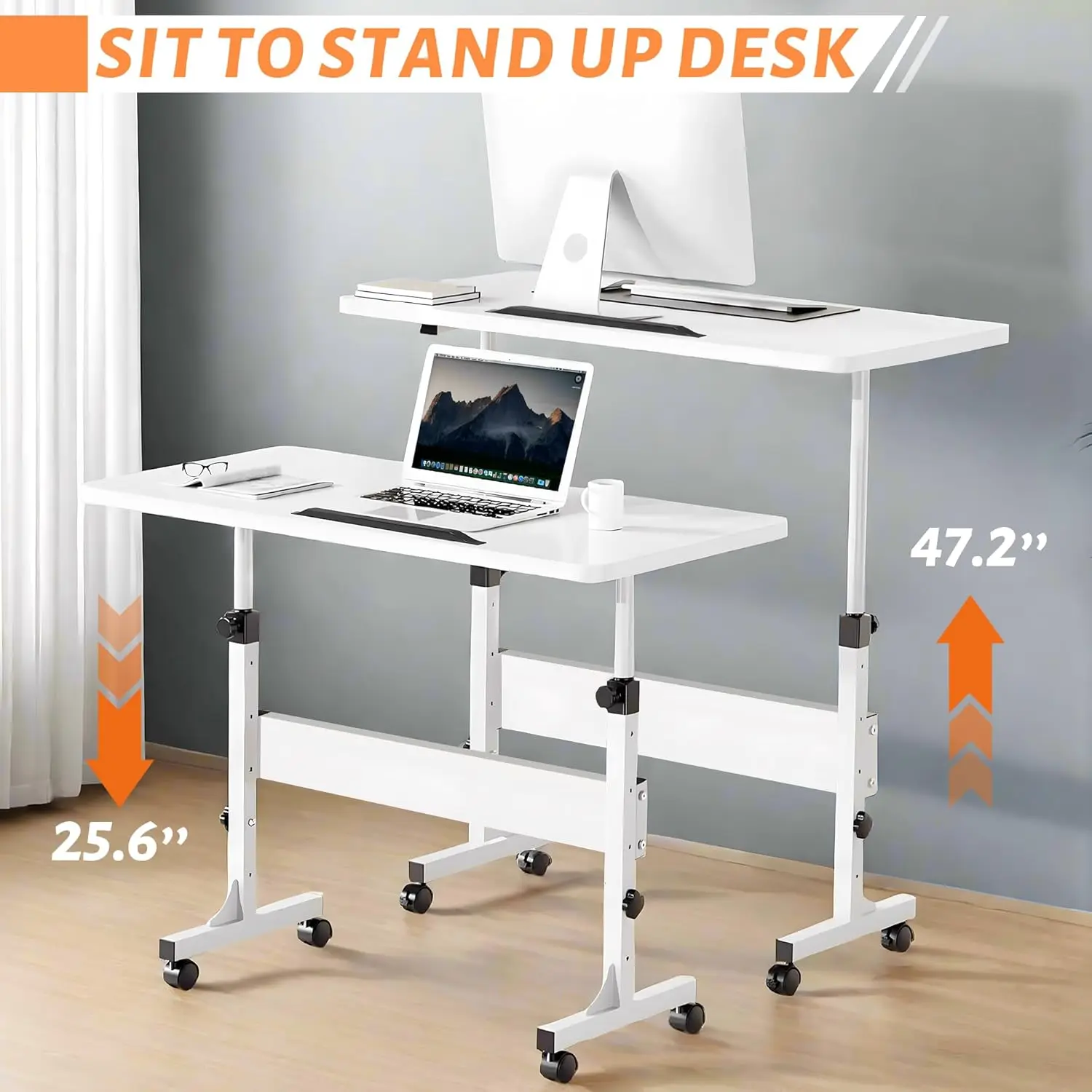 Rolling Desk Adjustable Height,Portable Laptop Desks,Small Standing Desk with Wheels for Home Office