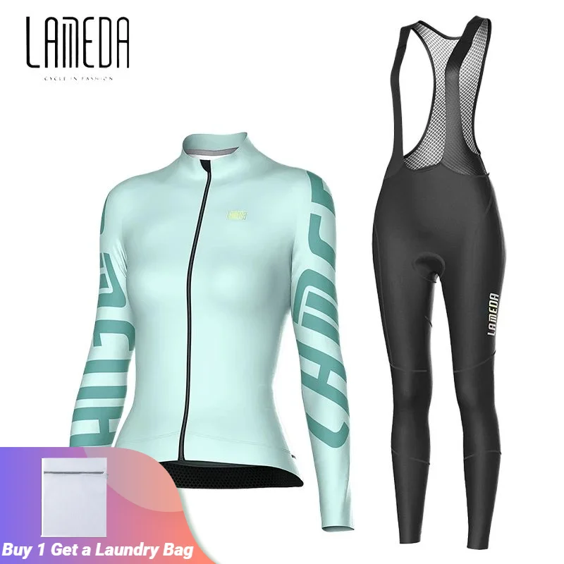 Lameda 여성용 사이클링 저지 의류 세트, 전문 퀵 사이클링 세트, 건조 플리스 긴 소매 바지, 보온 세트 유지