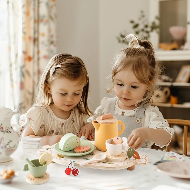 Baby Wooden Afternoon Tea Set Tea Party Tableware Wooden Handiccraft Toy Kitchen Pretend Play Set for Toddlers Kid Birthday Gift