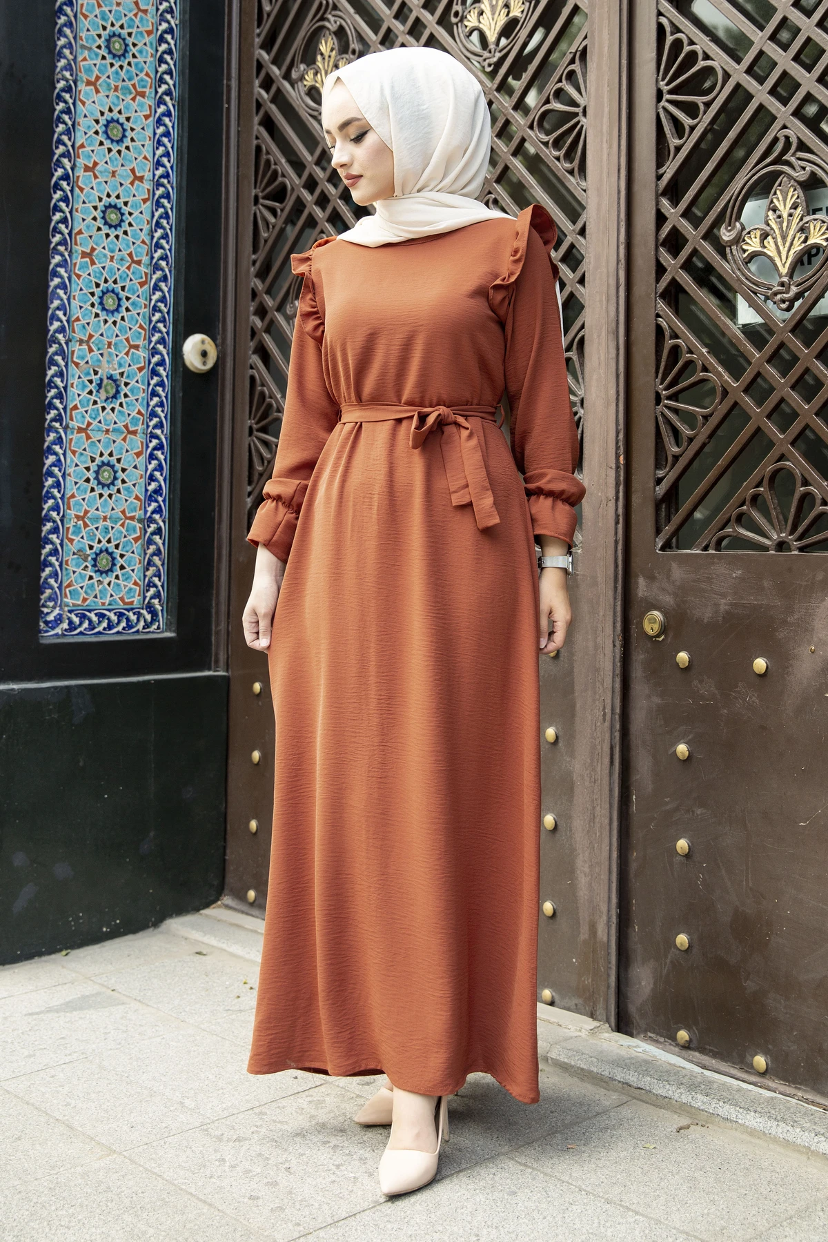 

Waist Belted Shoul Frilly Dress NY-Tile Winter Autumn 2021 Muslim Women Hijab headscarf Islamic Turkey