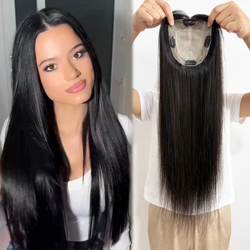 12x13cm Silk Skin Base Topper with 2cm PU Around Double Drawn 24” Real Remy Human Hair Toupee for Women 150% Density Silk Top 1