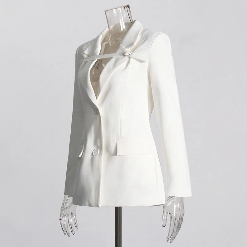 KBQ Patchwork Belt Chic Blazer For Women Notched Collar Long Sleeve Spliced Pocket Casual Minimalist Blazers Female Fashion New