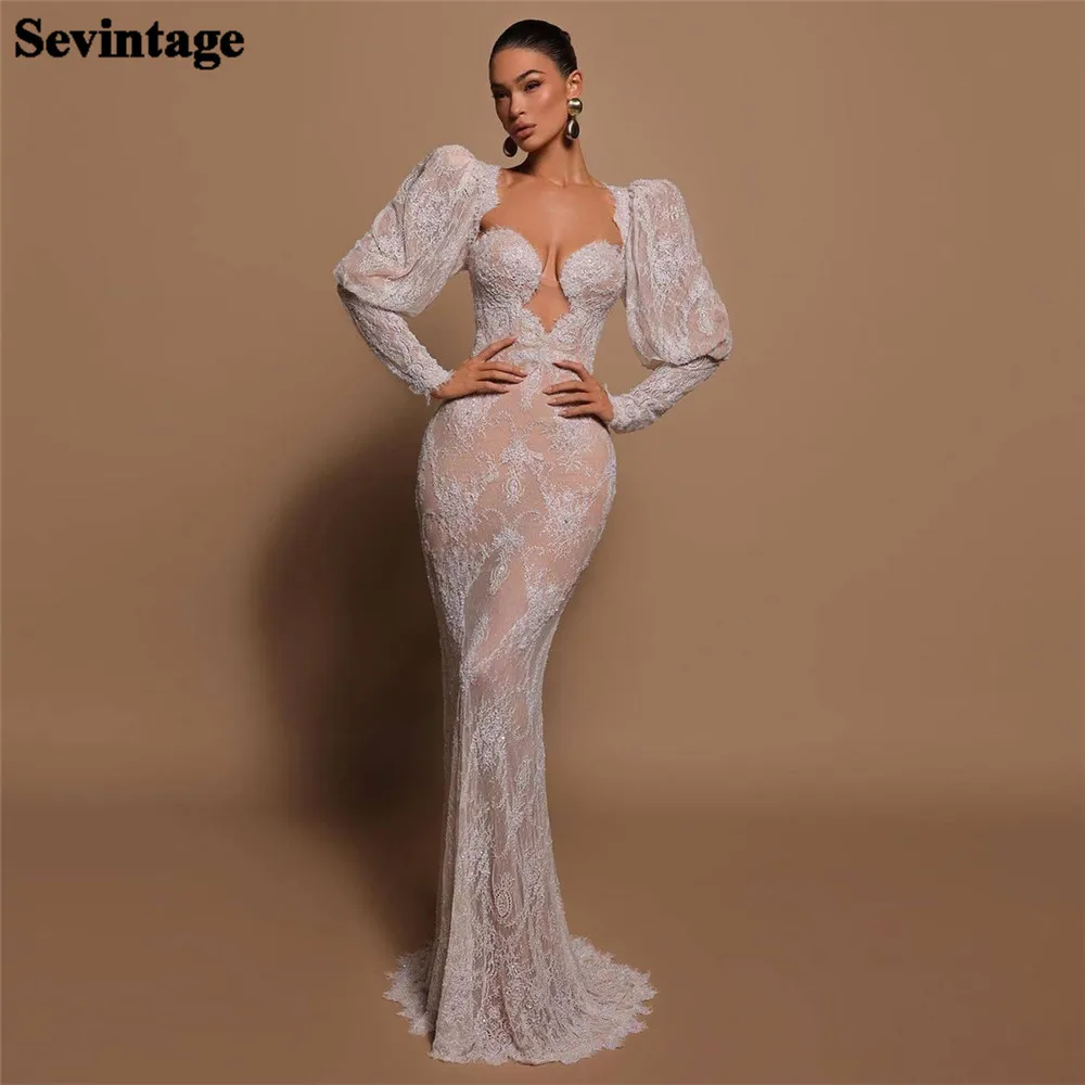 

Sevintage Sexy White Lace Mermaid Prom Dress Square Collar Long Puff Sleeves Sheath Formal Evening Dress Floor Length Party Gown