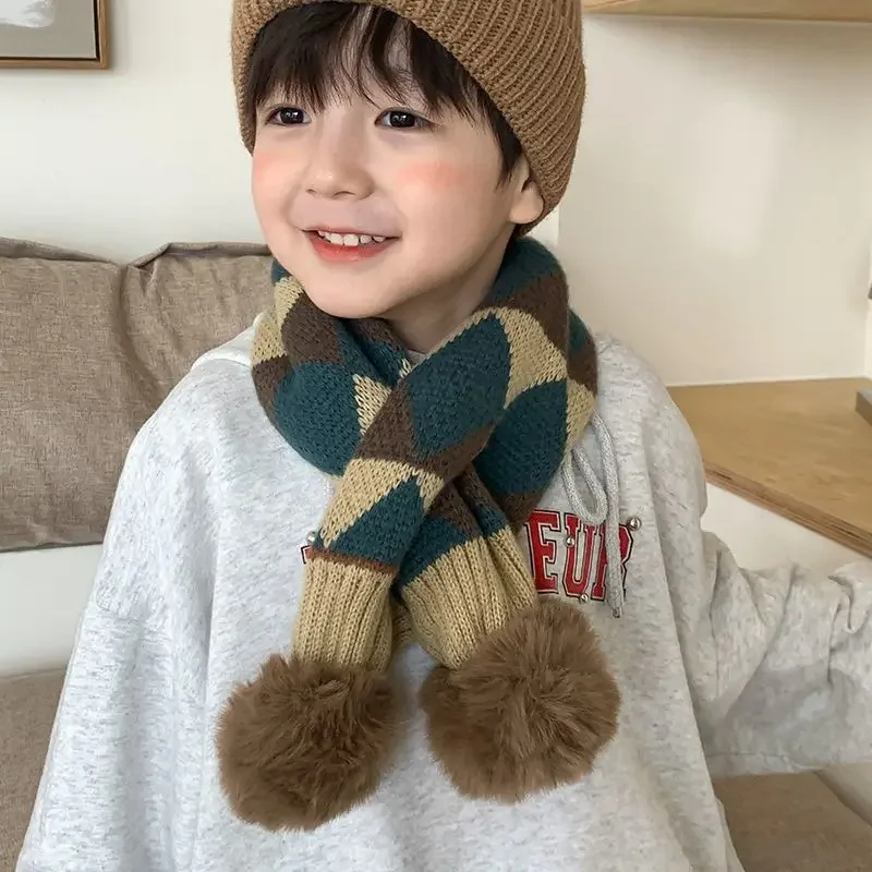 Children's Scarf Checkered Scarf for Autumn and Winter Korean Style Boys' Windproof and Warm Cross