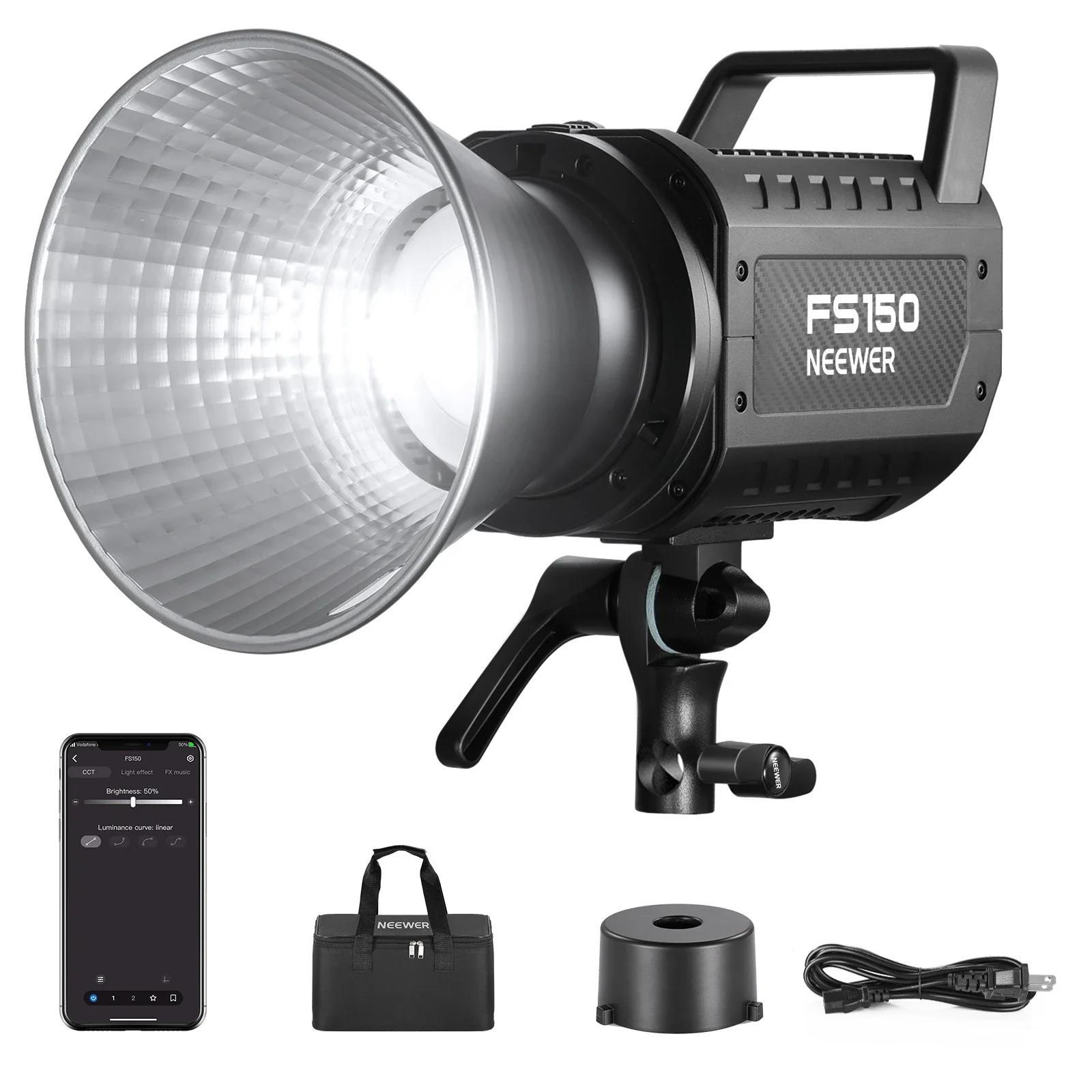 

NEEWER FS150 LED Video Light 2.4G/APP Control, 130W 5600K COB Daylight Silent Photography Continuous Output Lighting 4 Precise