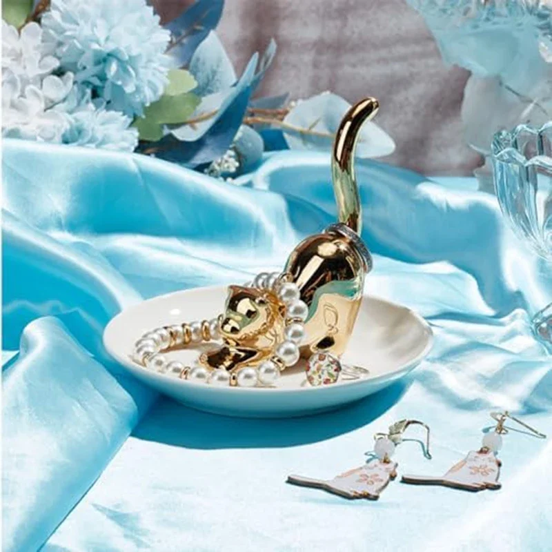 Cats Posture Ring Holder Golden Kitty Tail Dish Jewelry Tray Ring Round Dishes Trinket Tray Ceramic Jewelry Storage Home Durable 4
