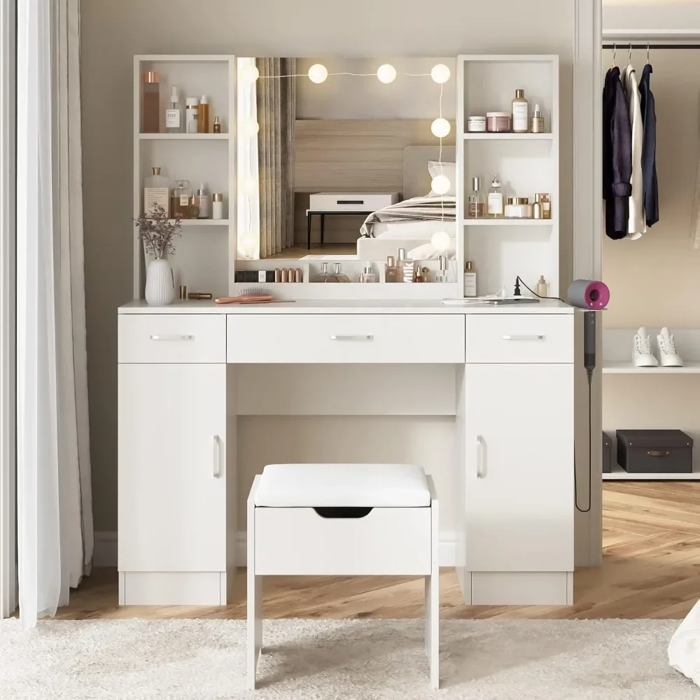 NEW-Makeup Vanity Table with Lighted Mirror & Power Strip, Large Vanity Set Vanity Desk with Lots Storage, 3 Lighting Modes, Bri