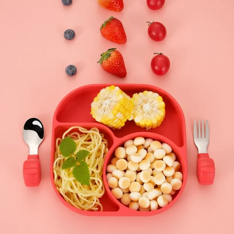 

Детская силиконовая тарелка, интегрированная миска для дополнительного питания, разделенная сетчатая чаша на присоске для обучения еде, детская посуда