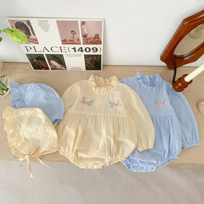 

Spring Autumn Baby Clothes Newborn Baby Girls Jumpsuit+Hat Long Sleeved Cotton Flower Embroidery Toddler Baby Girl Bodysuit