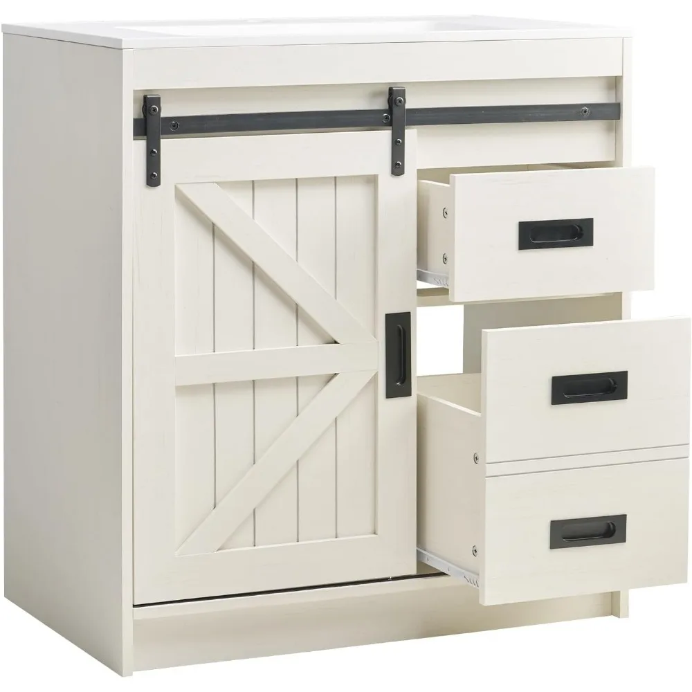 Bathroom Vanity with Sink Combo, 31in Sliding Barn Door Bathroom Vanity Cabinet with Storage Drawers, Bath Storage Vanity Sink 6