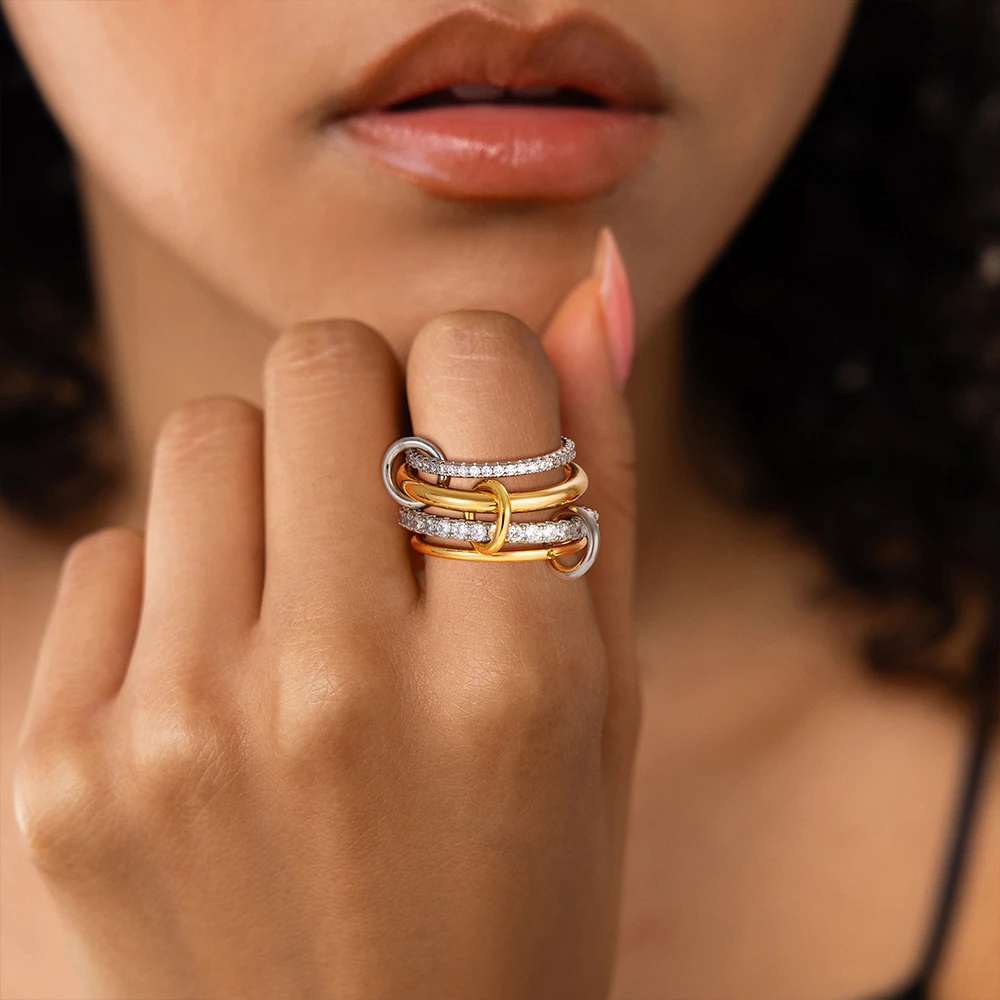 Fashion Luxury Cubic Zirconia Gold Plated Multilayer Connecting Rings Set for Women Mixed Color Stackable Finger Ring Jewelry