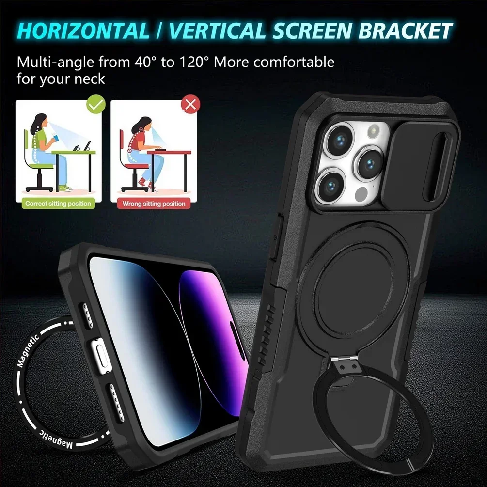 Luxury Metal Phone Case with 360° Built-in Bracket and Sliding Camera Protection