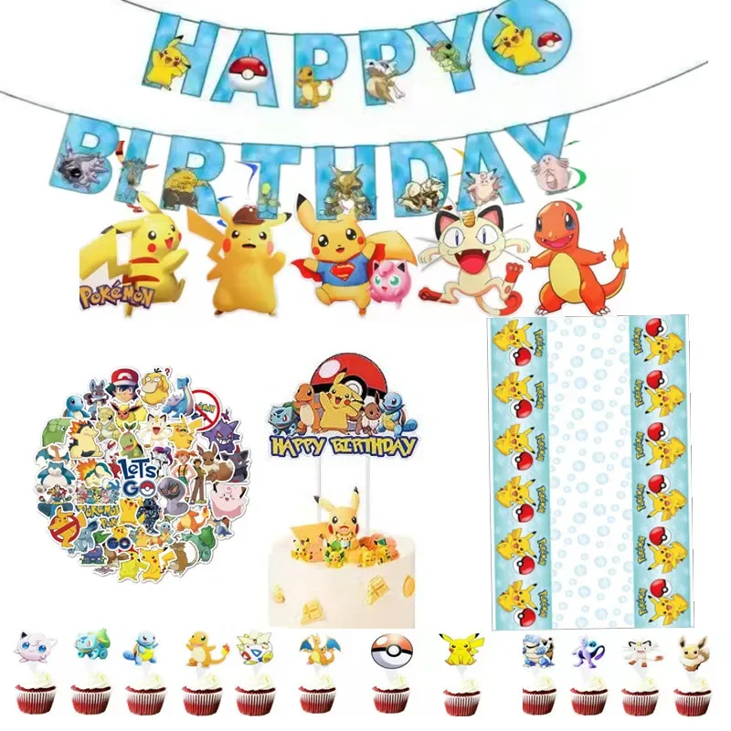 

Pikachu Birthday Party Decoration Flag Banner Cake Insert Row Flag Elf Ball Balloon Tablecloth