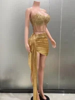Gold Color Women Sexy 2 Pieces Strapless Bodycon Mini Dress Bar Singer Nightclub Party Celebrate Birthday Dress Wholesale - Image 2