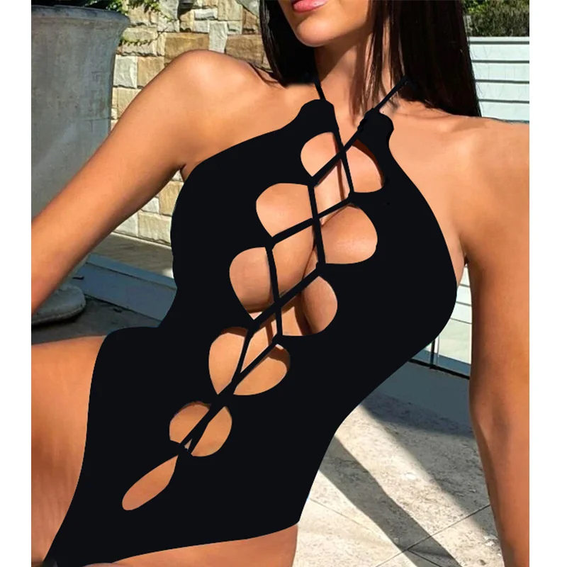 2023 New Hollow Sexy One-piece Black Tight Swimsuit Strap Bikini Beach  Women's Swimsuit Top
