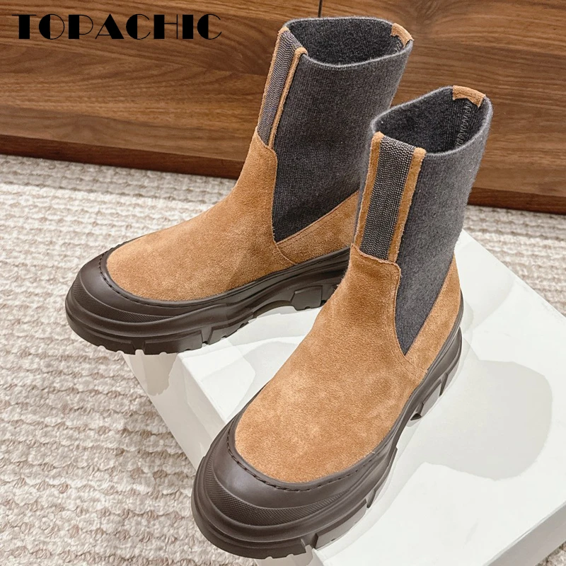 

11.4 TOPACHIC Women's Slip-On Chelsea Boots Contrast Color Bead Chains Wool Knitted Stretch Round Toe Cow Suede Ankle Boots