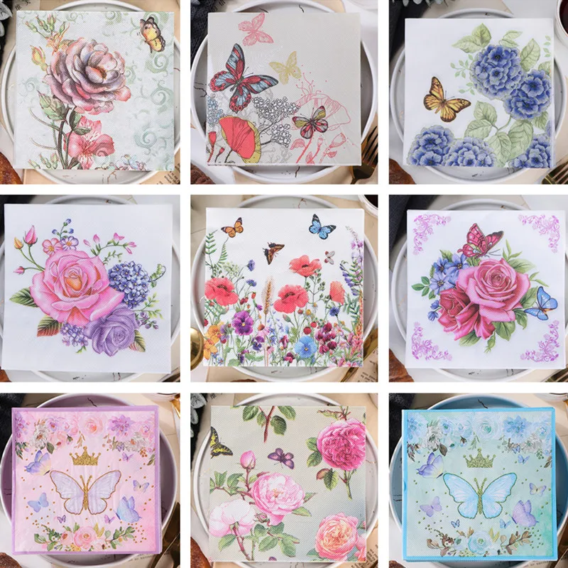 20Pcs/pack Rose Flower Butterfly Printed Table Napkins Wood Pulp Paper Disposable Tableware Wedding Party Decor