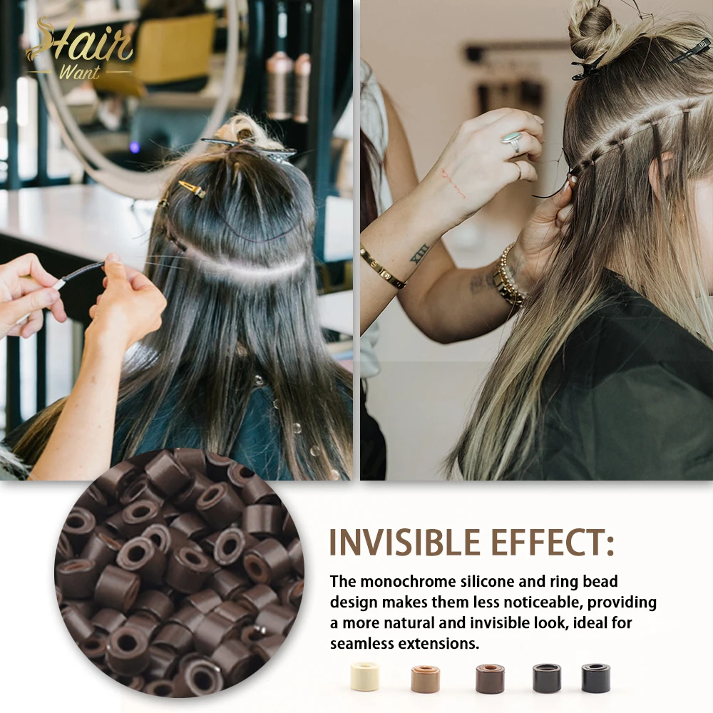 헤어완트 1000개입 4mm 투명 마이크로 비즈 ? 실리콘 라이닝 헤어 익스텐션 비즈, I팁 및 헤어 틴셀 익스텐션용 5가지 색상
