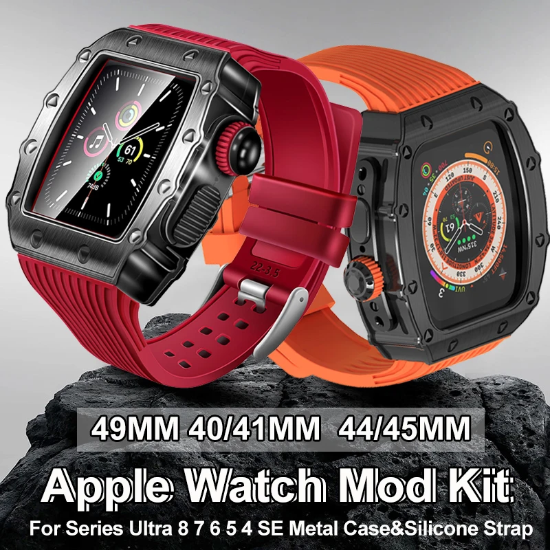 For Apple Watch 8/7/6/SE 41/44/45mm Carbon Fiber Case Fluororubber Band Mod