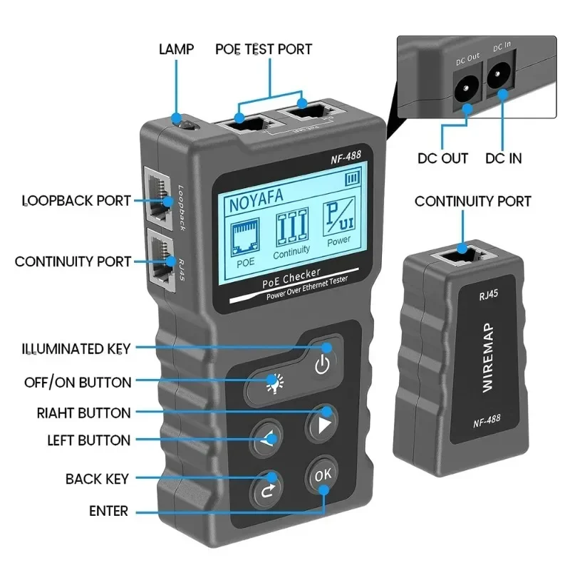 NOYAFA-Network Cable Tester, NF-488 Poe Ethernet Cable Tester, Continuity Tester, DC Power Switch, Loop-Back Test for CAT5e, CAT 6