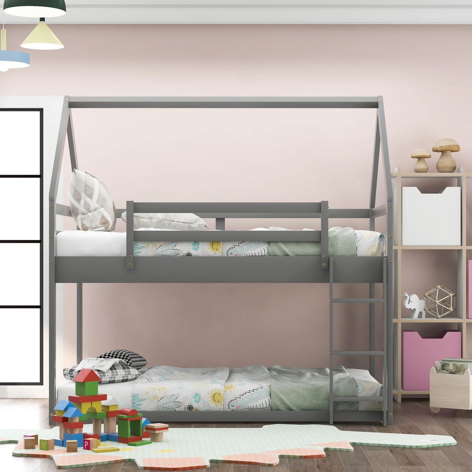 Twin over Twin Low Bunk Bed, House Bed with Ladder , Gray(OLD SKU WF197808AAE) 2