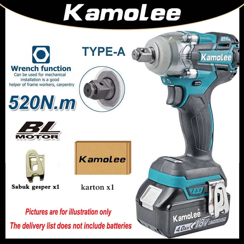 Kamolee-DTW285 2 in 1 520N.m 전기 브러시리스 무선 렌치, 1x5.0Ah 배터리 + 도구 상자, 18V 마끼다 배터리와 호환 가능