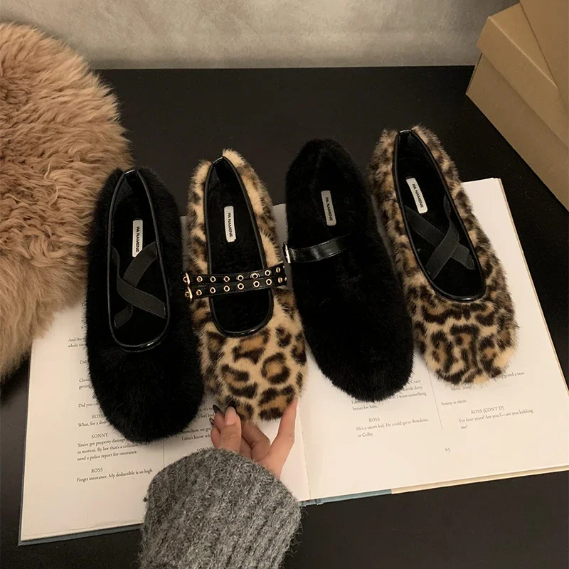 Winter Vintage Fleeces Leopard Women Loafers Flats Casual Shallow Ladies Comfort House Warm Cotton Shoes