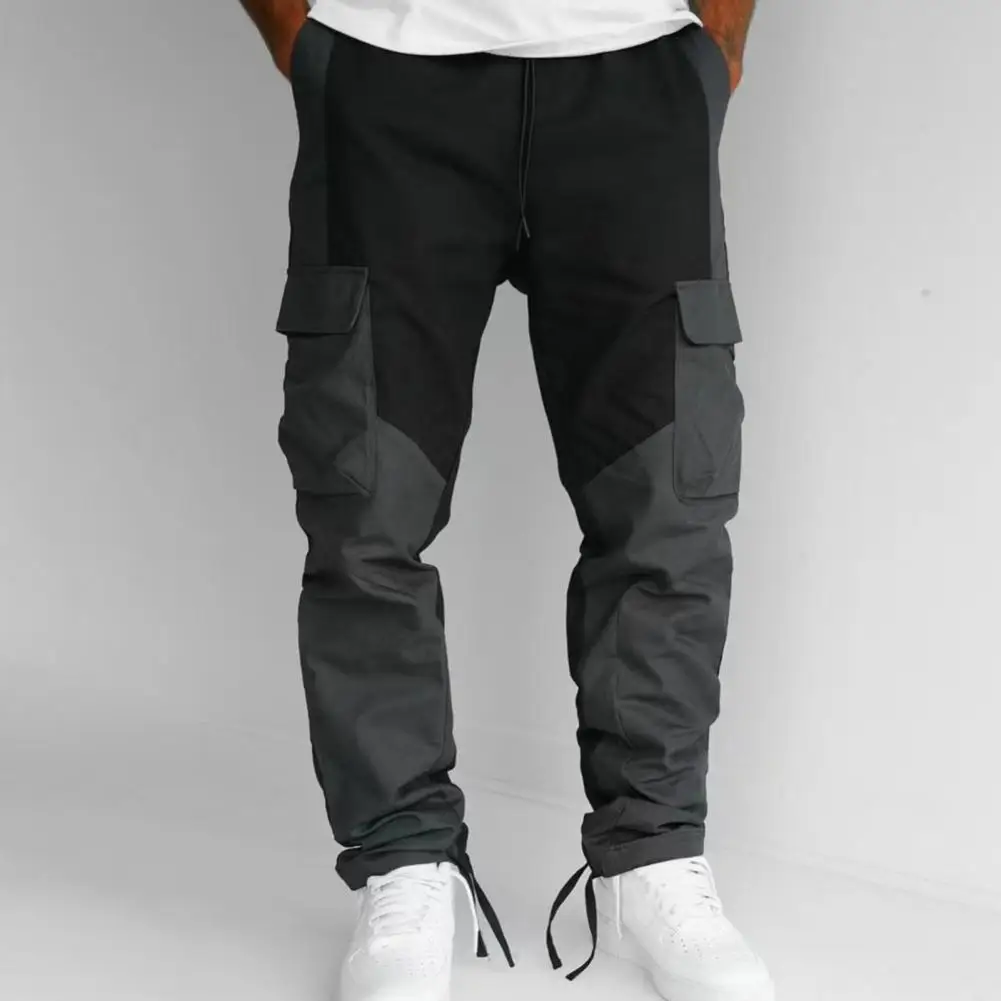 

Men Sports Pants Patchwork Elastic Waist Loose Color Matching Multi Pockets Soft Breathable Casual Mid Waist Cargo Pants Men Lon