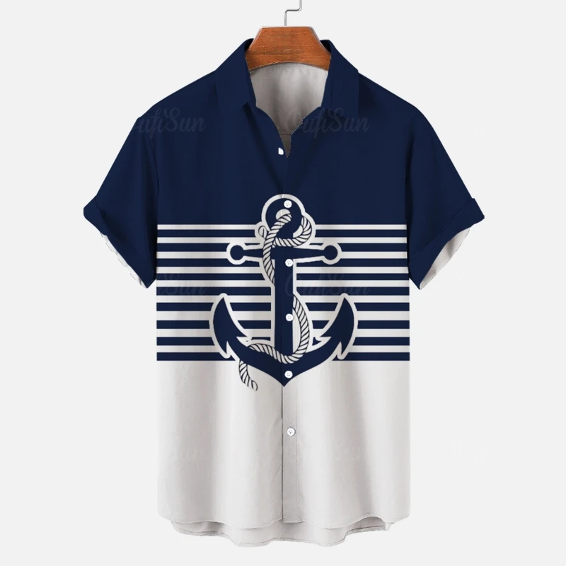 2024 Men's Shirt 3d Boat Anchor Stripe Print Hawaiian Shirts For Men Daily Casual Short Sleeve Shirts Loose Oversized Clothing