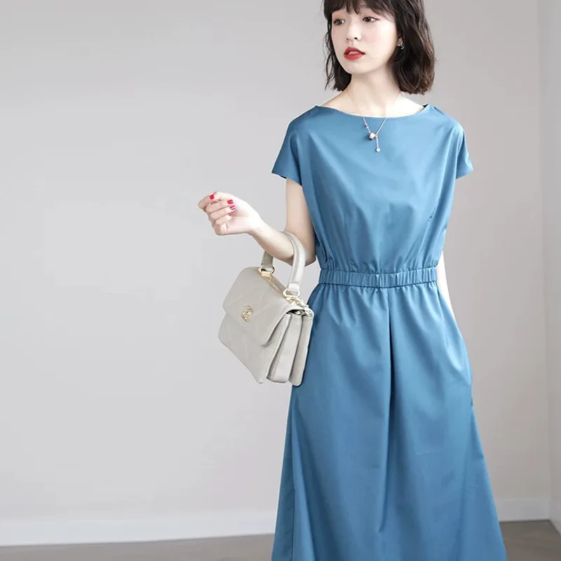 

Commuting minimalist dress, summer retro style, round neck, medium length dress, elastic waist, slimming long dress
