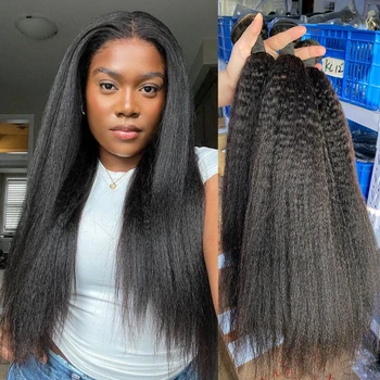 Yaki Human Hair Indian 12A Kinky Straight 1/3/4 Bundles Raw Virgin Unprocessed Yaki Straight Double Weft Bulk Braiding Hair 1