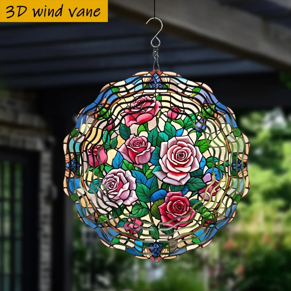 레드 로즈 3D 유리꽃 윈드 스피너 25.5cm, 360 ° 회전하는 고리형 정원 장식품