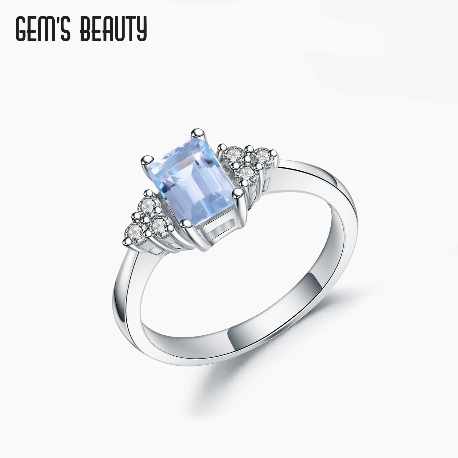 

GEM'S BEAUTY 925 Sterling Silver Emerald Cut Rings For Women Rectangle Simple Advanced Natural Sky Blue Topaz Handmade Rings