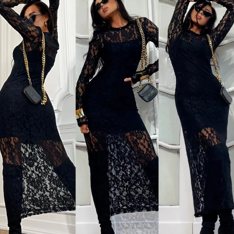 New Slim Fit Round Neck Hollow Out Long Skirt Sexy and Slim Transparent Lace Temperament Hip Hugging Long Skirt 192