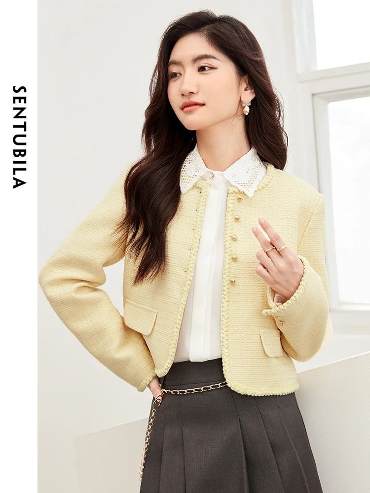 SENTUBILA Light Yellow Elegant Cropped Tweed Jacket 2024 Spring O-neck Single Breasted Short Coat Female Outerwear 141W52222 luckymarche le match light cropped jumperqwuax23201bkx