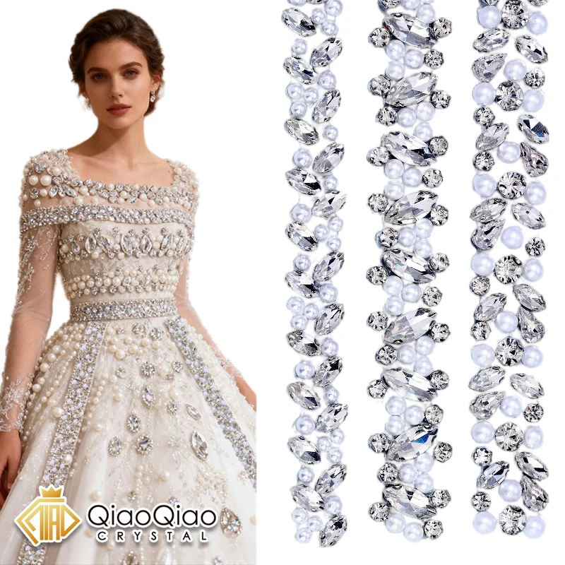QIAO 18mm/19mm/20mm 1Yard Pearl Rhinestone Cup Chain Glass Dense ...