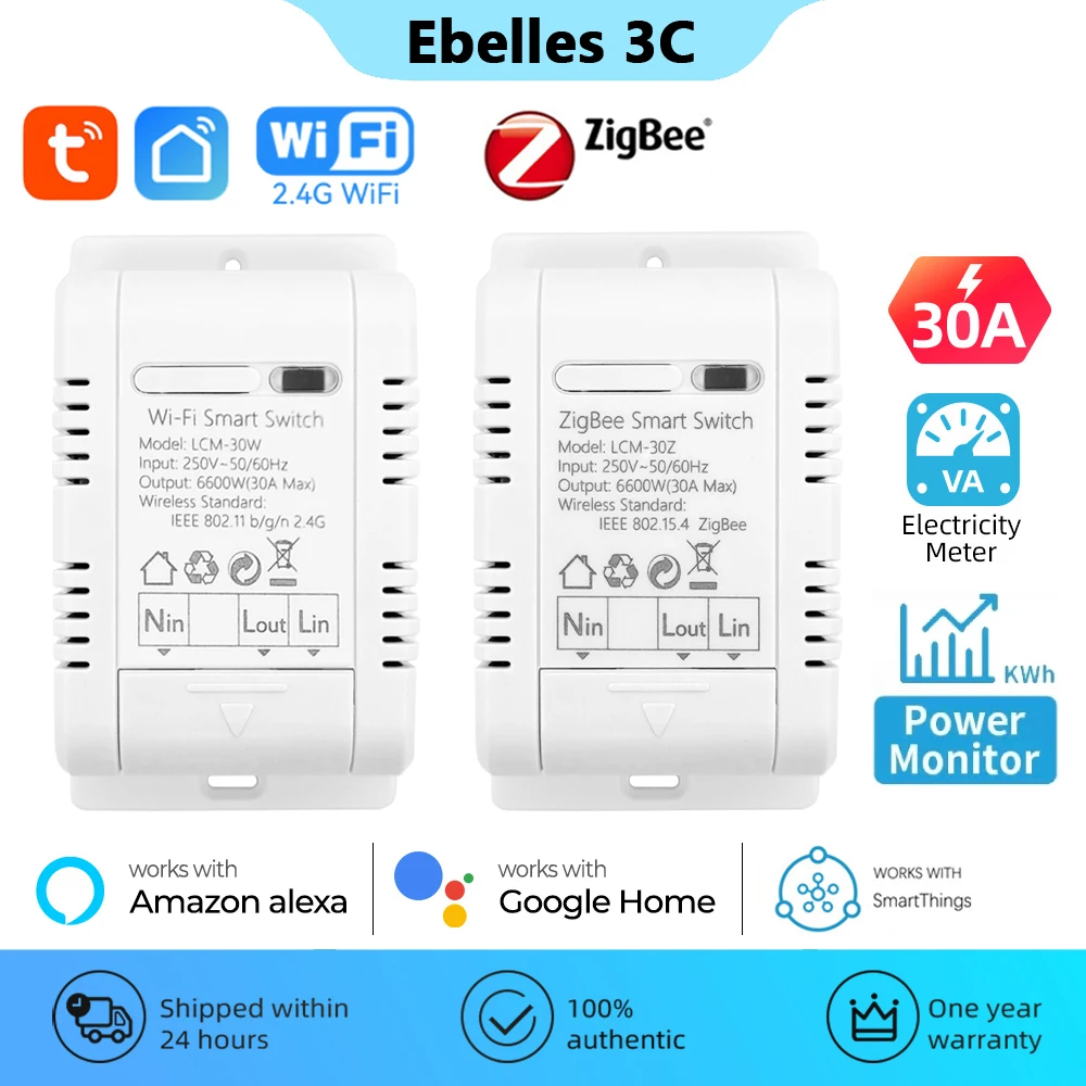 16A/20A/30A Tuya Wifi Zigbee Smart Switch Module Con Power Monitor Elettrodomestici Smart Circuit Breaker Voice Per Alexa Google